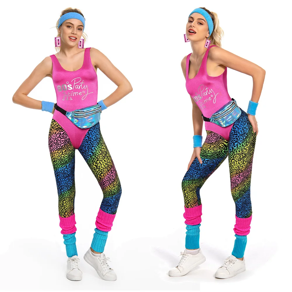 70s 80s Party Workout Lady Cosplay Fantasy Vintage Jumpsuit Fanny Pack Set Retro Hippie Disco Costume Disguise Women Outfits