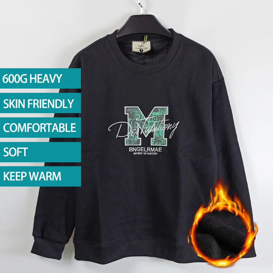 

Men's Sweatshirt M letter embroidery New 600g Heavy Weight Cotton Men Top Pullover tracksuit winter men clothing Round Neck