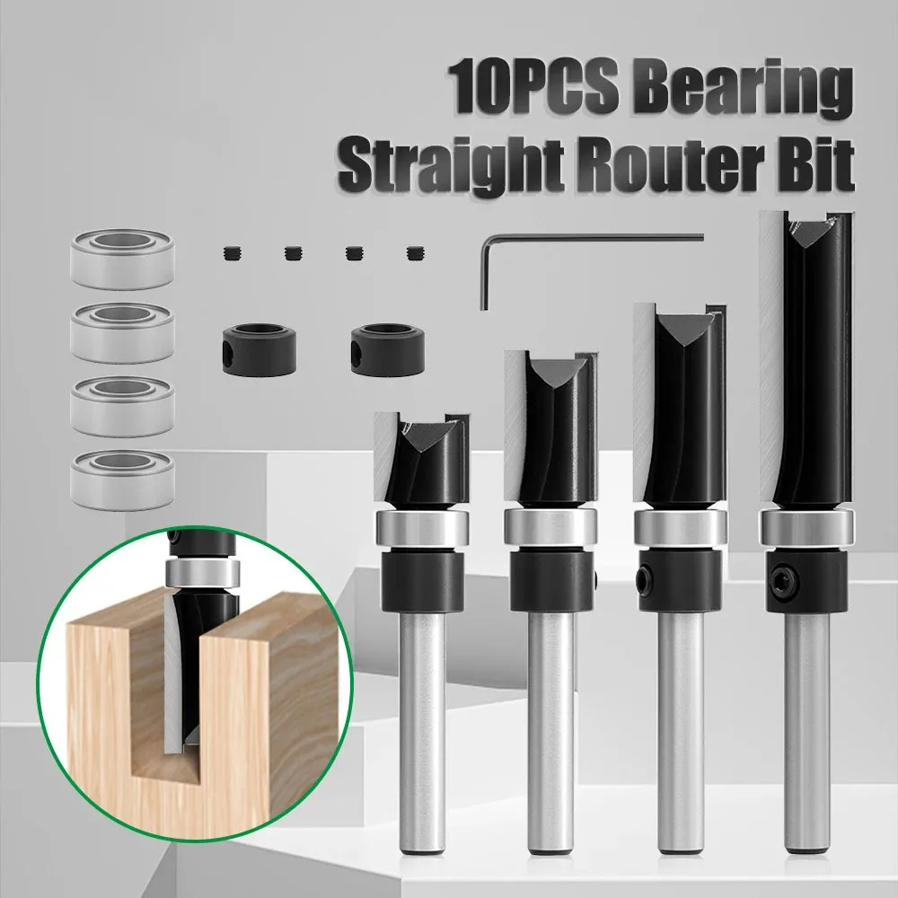 

10 Pcs/Set 1/4' Shank Milling Cutter Wood Carving Pattern Router Bits Woodworking Bearing Straight Router Bit Trimming Cutter