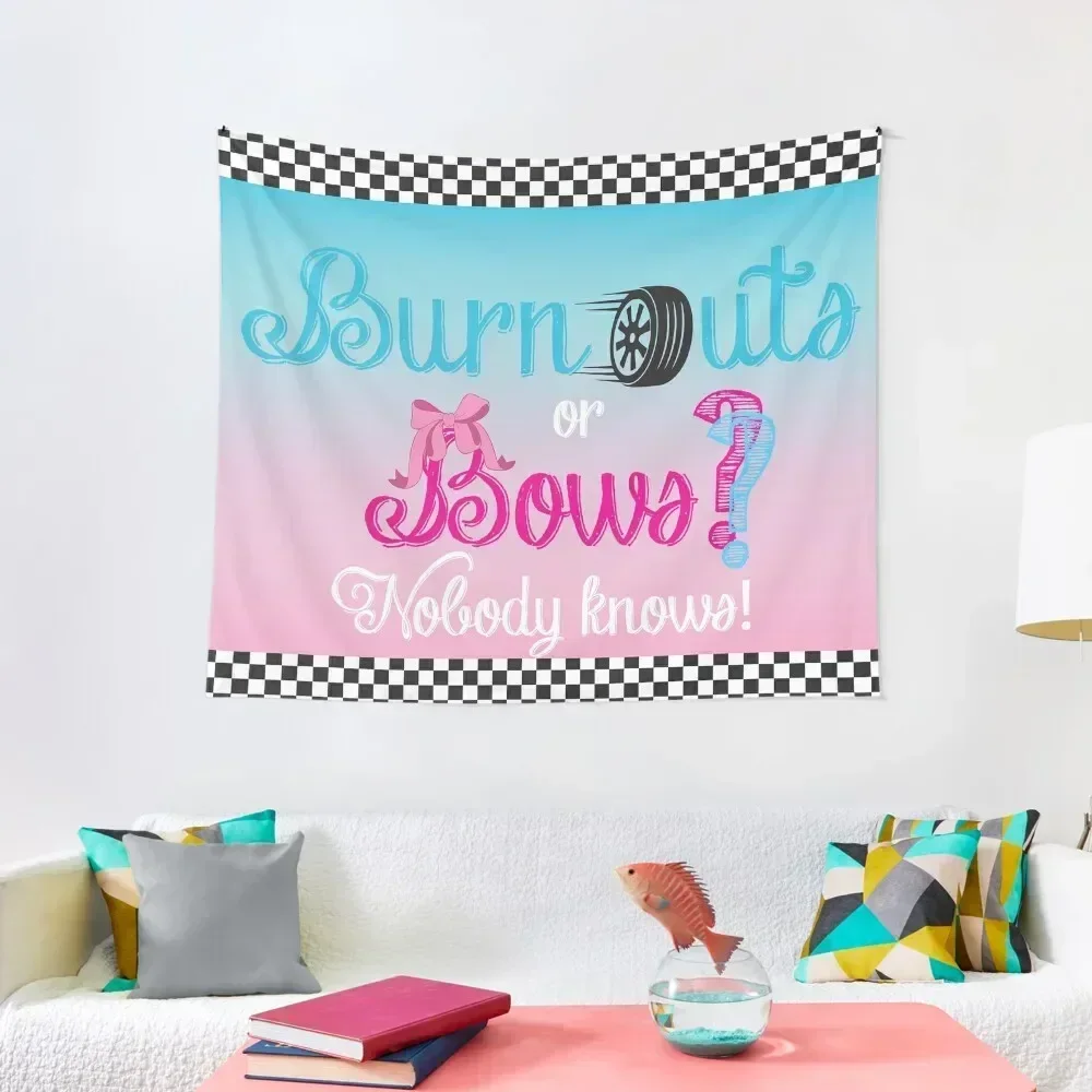 

burnouts or bows gender reveal, party backdrop banner Tapestry Room Decor For Girls Mushroom Tapestry