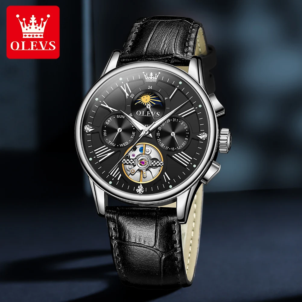 OLEVS 9912 Hollow Automatic Watch for Men Fashion Leather Strap Waterproof Moon Phase Skeleton Flywheel Mechanical Mens Watch es
