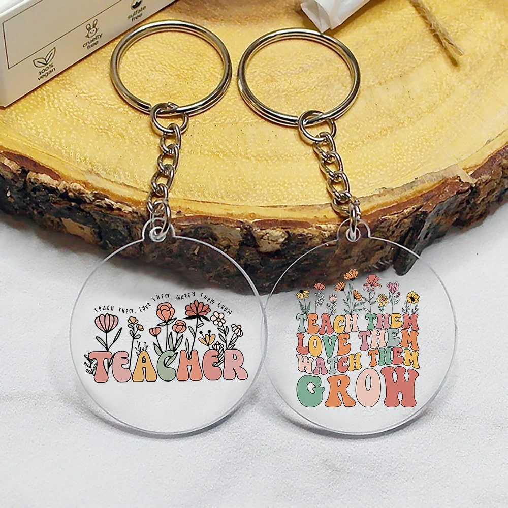 Each Them Love Them Watch Them Grow Cute Teacher Floral Acrylic Keychain Teacher's Day Gifts Thanks Teacher Gift Key Chain