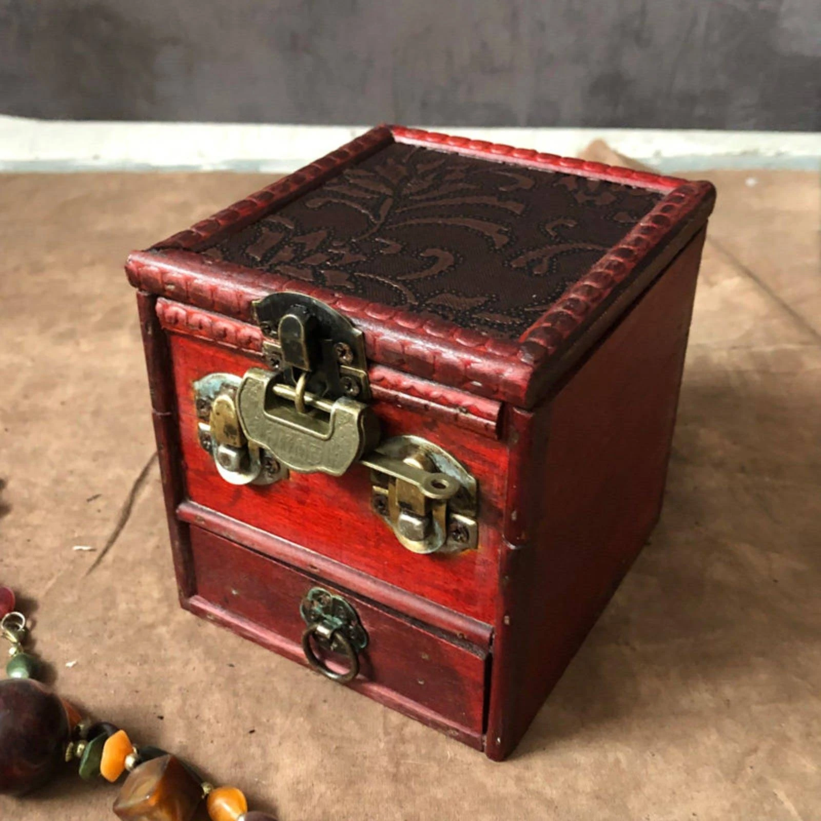 Vintage Wood Jewelry Box Aged Brass Latch Antique Jewelry Box Storage Item Embossed Floral Scroll Pattern