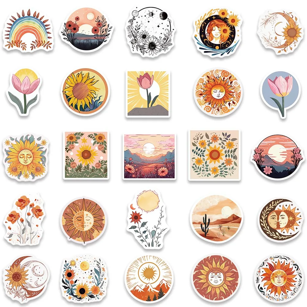 50/100PCS Art Bohemia Moon Sun Flower Sticker Aesthetic Retro Boho Cartoon Waterproof Decal Computer Scrapbooking Bottle Sticker