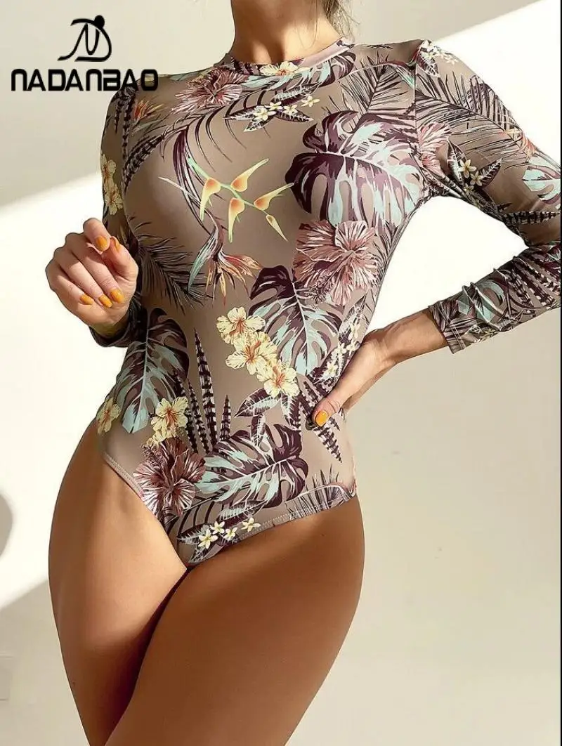 Nadanbao Women Backless Swimwear Long Sleeves One Piece Swimsuits Sexy Printing Bodysuit Bathing Suit Summer Beach Party Wear