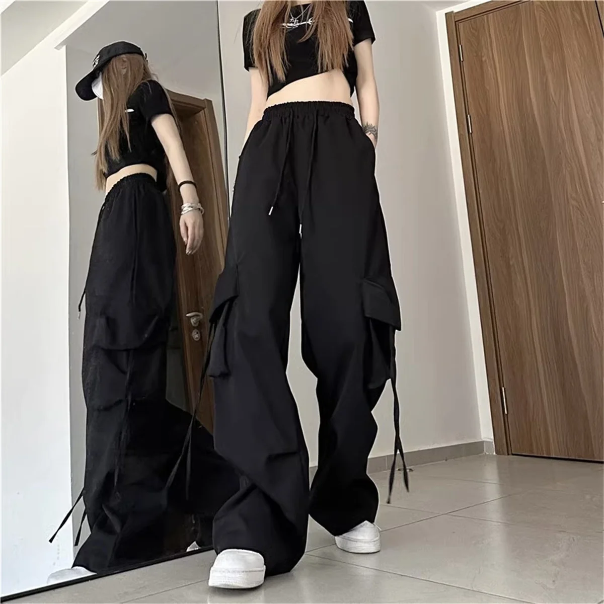 Grande taille femmes Cargo pantalon taille haute solide mode rue pantalon Vintage cordon poche pantalon ample décontracté Joggers vêtements