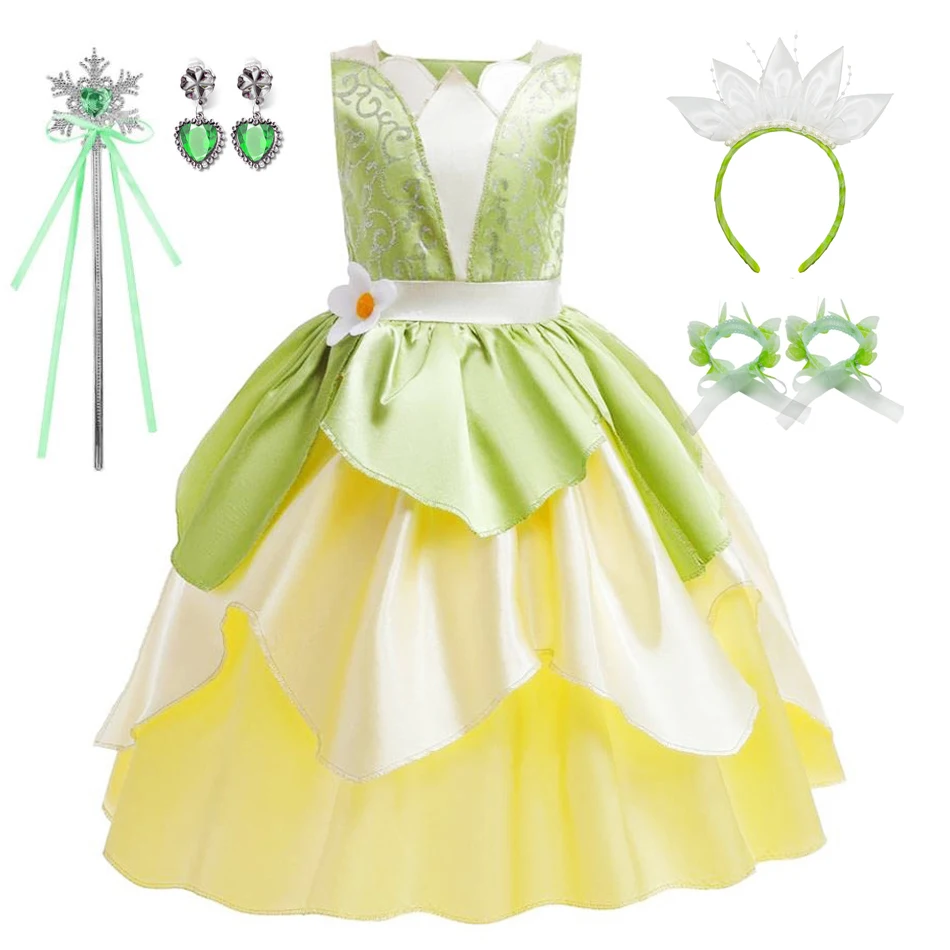 Tiana Costume Girl Dress Up Princess Girls Cosplay Role Playing Party Costumes Children Sleeveless Carnival Princess  Dresses