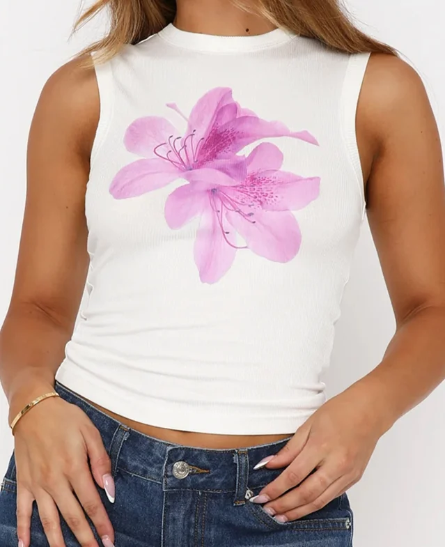 Tank Tops Woman Y2K Style Sexy Floral Print Vest American Sexy Flower Print O-Neck Sleeveless Hot Girl Tight Versatile Y2K Top - Image 3