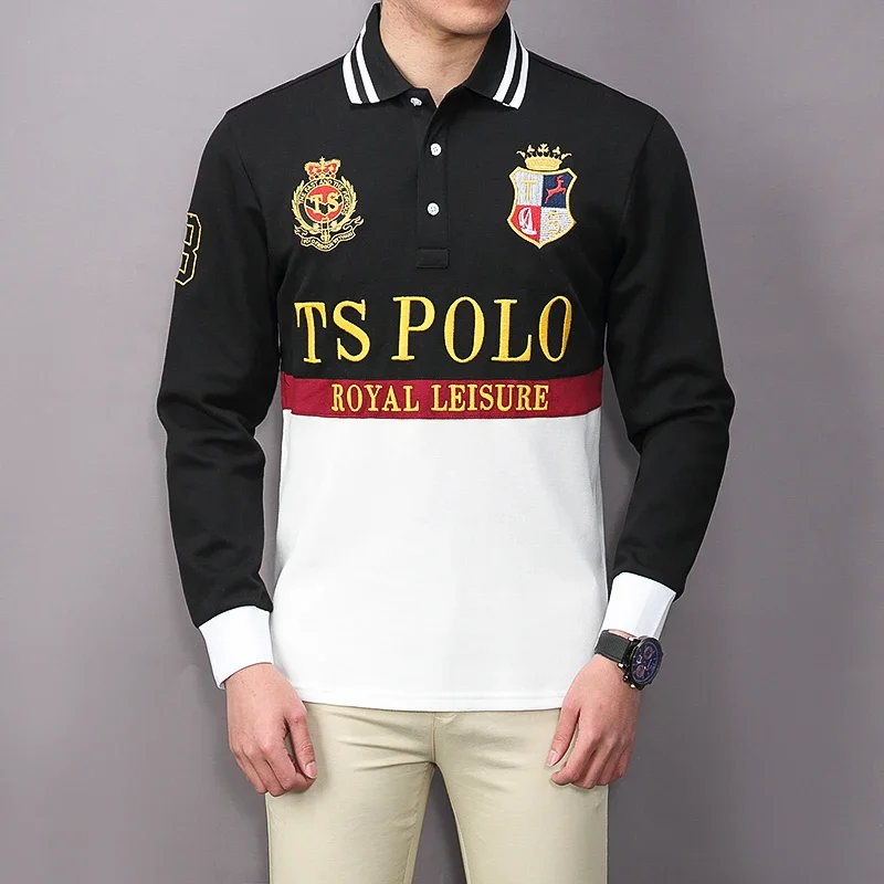 

TS Long Sleeve Polo Shirts for Men Casual Cotton Polo T Shirt with Patchwork Color Classic Button Collared Golf Shirt Oversized