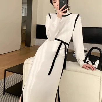 여성용 프렌치 스타일 꽃무늬 원피스, 하이 넥 니트 패치워크, 무릎 길이 롱 스커트, 가을 및 겨울, 신상 