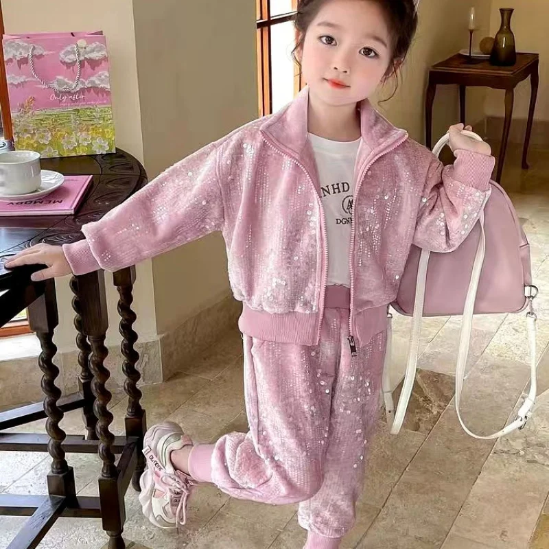 2024Girls' Spring and Autumn Fashionable Sequins Sports Casual Cardigan Two-Piece Set