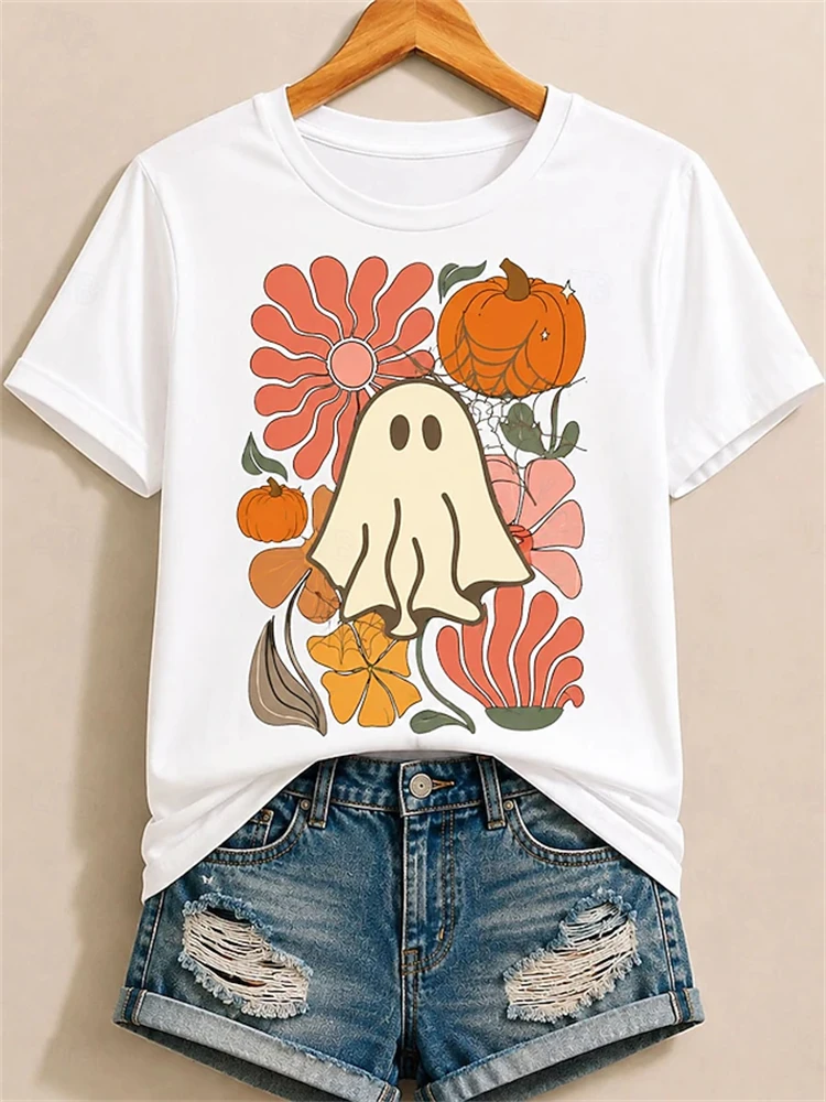 2026 Spring Summer Women's Halloween Short-Sleeve T-Shirt Ghost and Pumpkin Print Crew-Neck Top Fashionable Women's T-Shirt