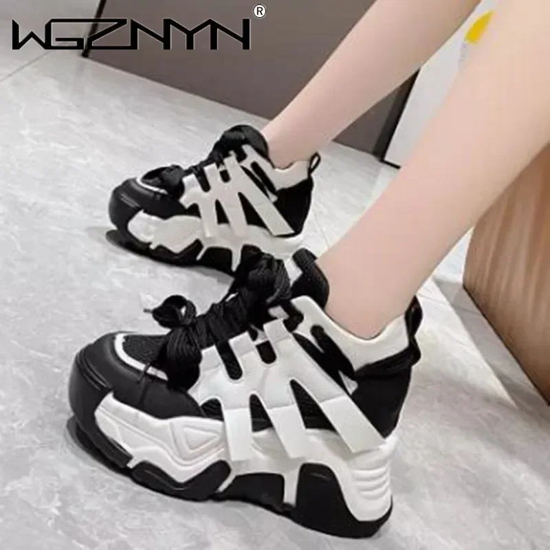 NEW Women Autumn Leather Sneakers 10CM Heels White Mesh Casual Shoes Fashion Woman Trainers Lace-Up Breathable Platform Sneakers