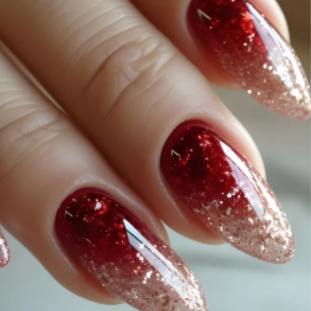 24 Stück runde Mandel-Nägel zum Aufdrücken, rot, lange künstliche Nägel-Sets mit glänzendem Pulver-Design, Nagelspitzen, wiederverwendbar, einfache gefälschte Nagel-Sets