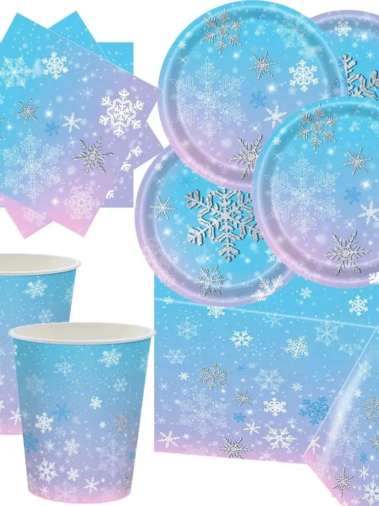 Décoration de fête flocon de neige congelé, nappe jetable, assiette de serviette, thème du pays des merveilles d'hiver, fournitures de fête d'anniversaire, réception-cadeau pour bébé