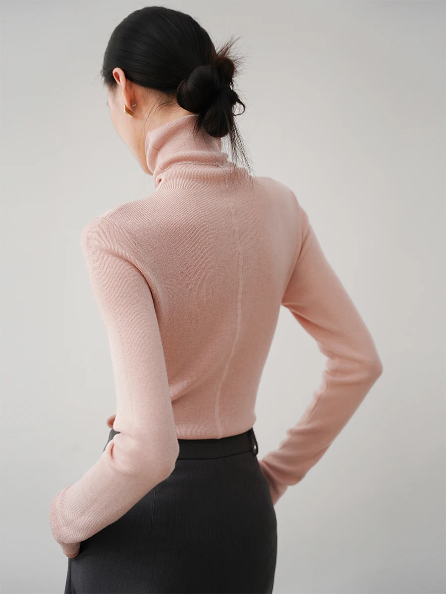 

Розовый вязаный свитер Achu с высоким воротником, женский, мягкий, тонкий, базовый слой, повседневный, приталенный, с длинными рукавами, вязаный топ