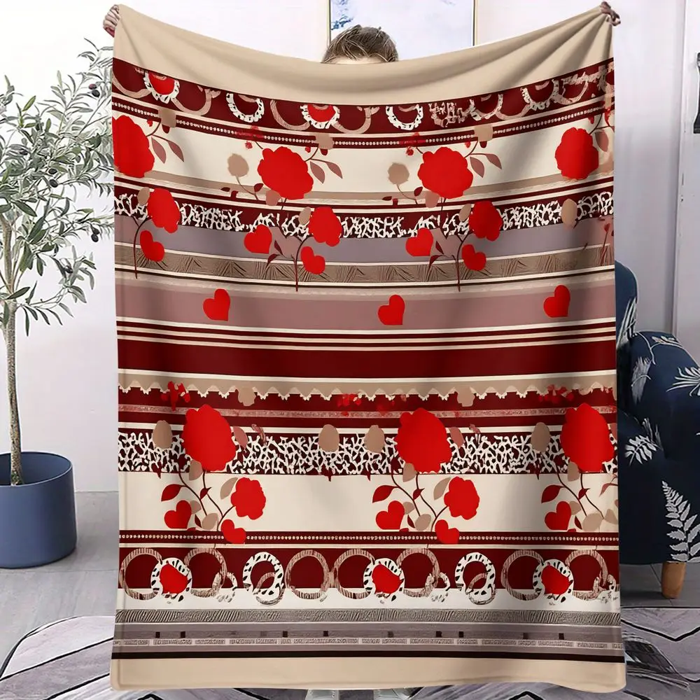 Red Rose Heart Stripe Blanket Flannel Blanket Throw Blanket Warm Blanket Gift Blanket HD Digital Print Romantic Guest Room Throw