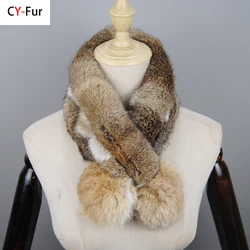 2024 New Russian Women Genuine Rabbit Fur Scarf Winter Ladies Warm Real Rabbit Fur Muffler Fluffy Pompoms Natural Fur Scarves