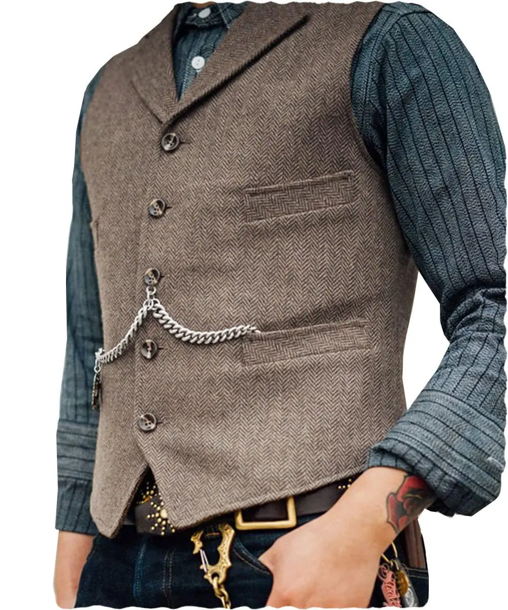 Men Herringbone Tweed Waistcoat Notch Lapel Pocket Watch Chain Vintage Suit Vest Multi Pockets Business Formal Gilet