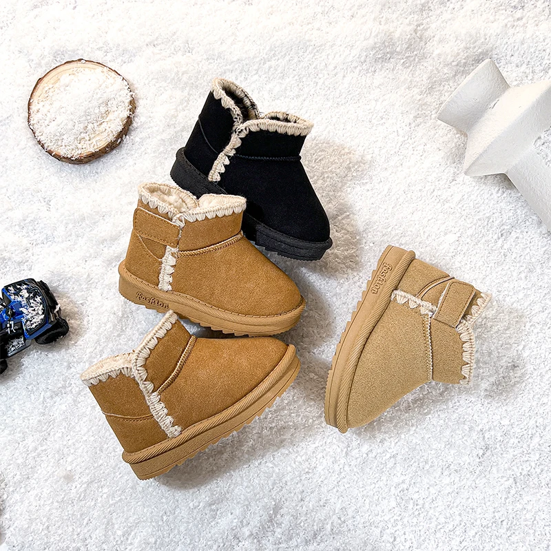 Children Snow Boots with Thick Fur Infant Ankle Boots Solid Color Retro Winter New Boys Girls Warm Boot Soft Bottom All-match