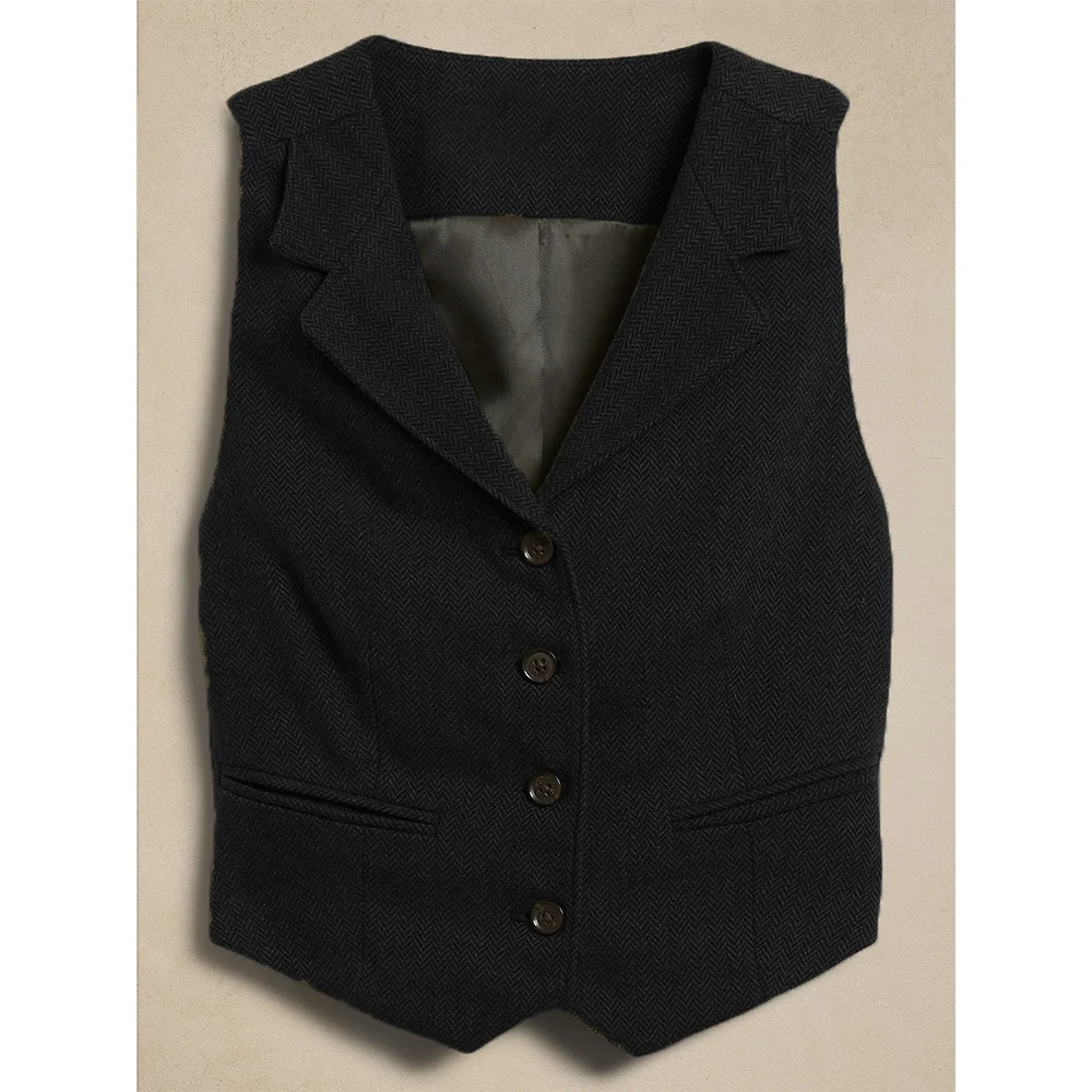 Women's Suit Vest Herringbone Tweed Waistcoat 2000s Top Notched Collar 4 Button Ladies Retro Jackets Clothing