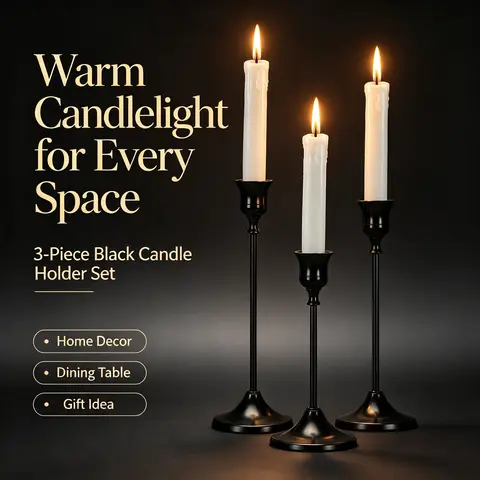 3Pcs Slim Black Taper Candle Holder Set Vintage Tall Gothic Candlestick for Wedding Party Halloween Table Centerpiece Home Decor