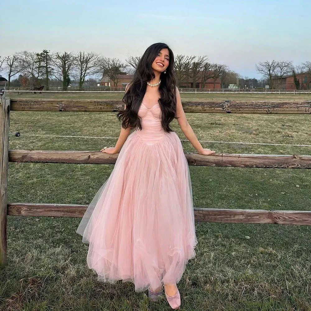 

Msikoods Customized Pink Tulle Prom Dress 2025 Spaghetti Strap Puffy Graduation Gown Backless Party Dress Sweet Formal Dress