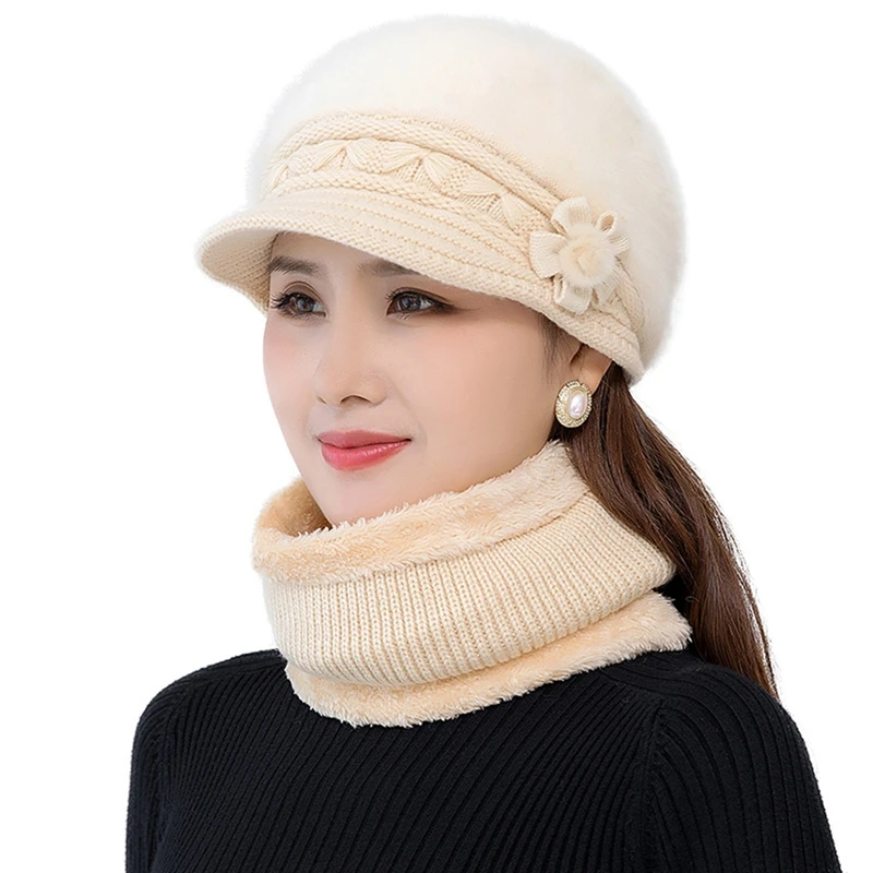 Women Winter Hat Keep Warm Cap Add Fur Lined Hat And Scarf Set Warm Hats For Female Casual Rabbit Fur Winter Knitted Hat