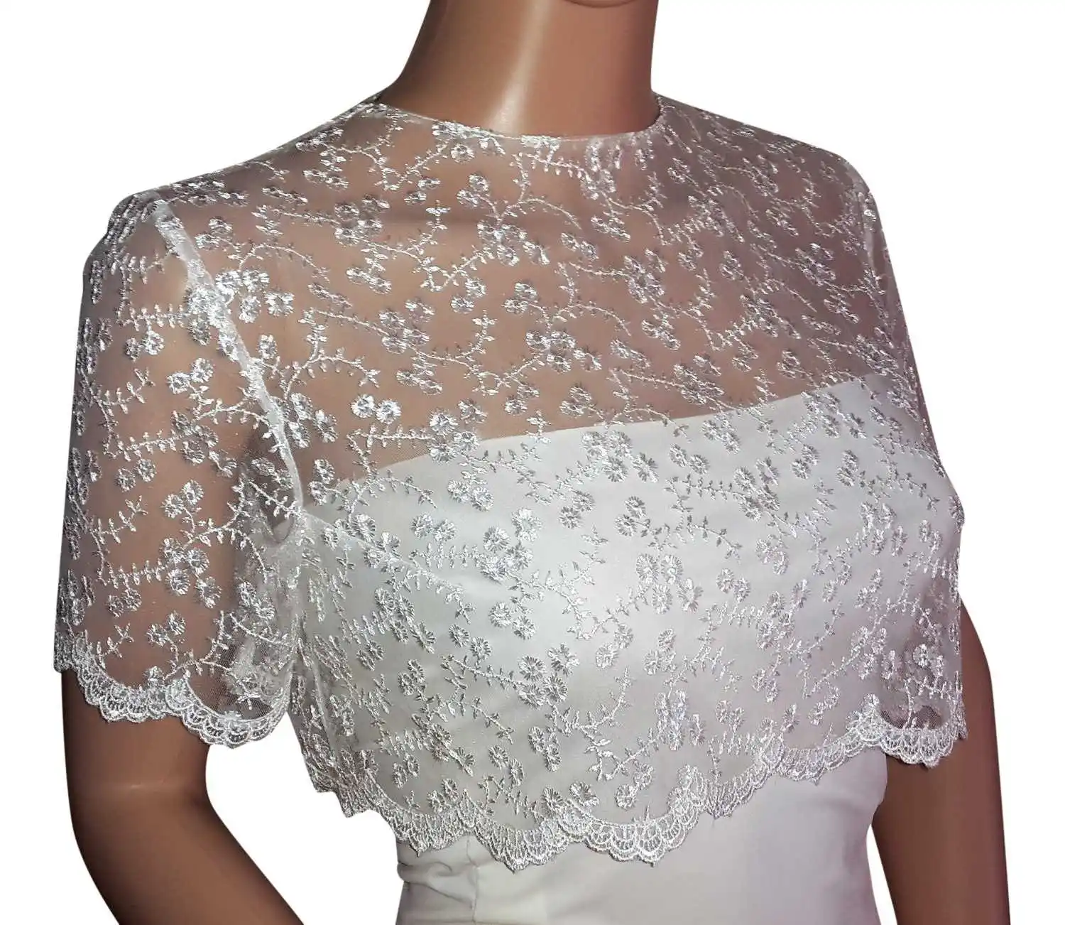 Simple Appliques Lace O Neck Shawl Jacket Short Sleeve Bride Jackets For Strapless Bridal Dress  Accessories Customized