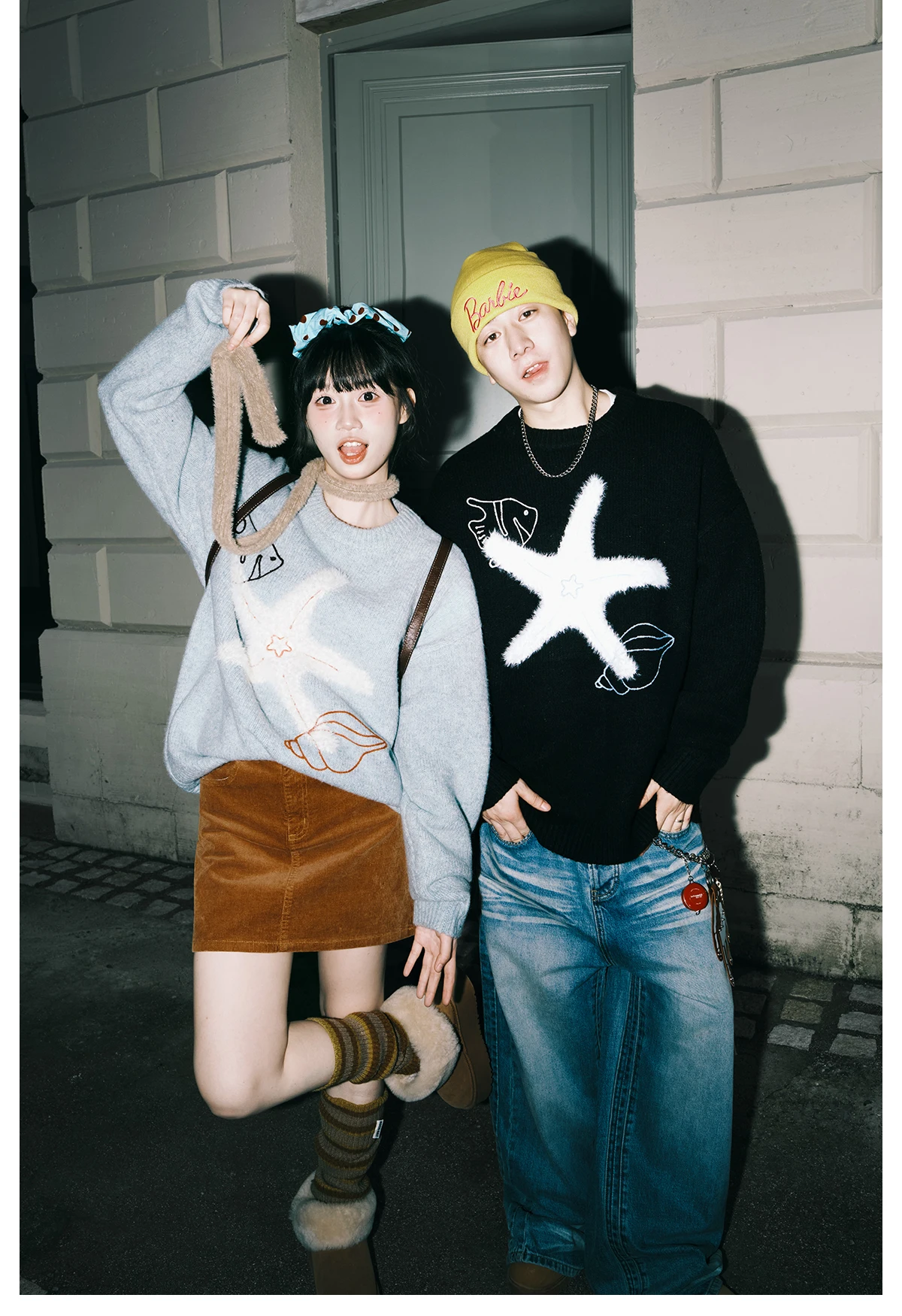 خريف شتاء جديد النمط الأمريكي العصرية نجم البحر التطريز سترة سوداء زوجين نمط فضفاض عادية أخضر رمادي محبوك سترة #3