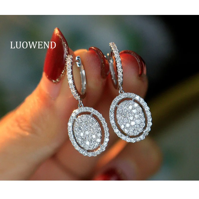 LUOWEND 100% 18K White Gold Earrings Luxury Oval Shape 1.20carat Real Natural Diamond Hoop Earrings for Women High Party Jewelry