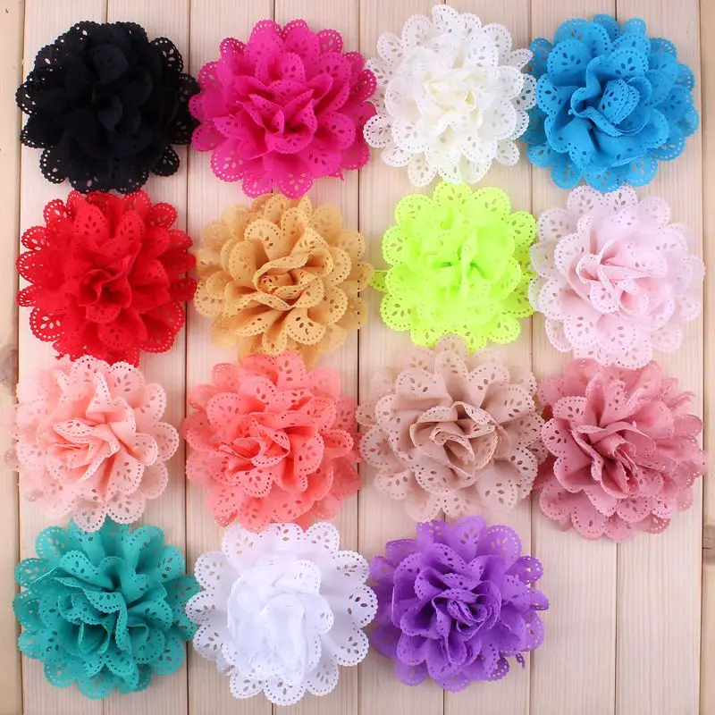 

20pcs/lot 4" 15 Colors Artificial Fabric Flowers For Girls Dresses Fluffy Eyelet Fabric Flowers For Headbands Hair Accessories