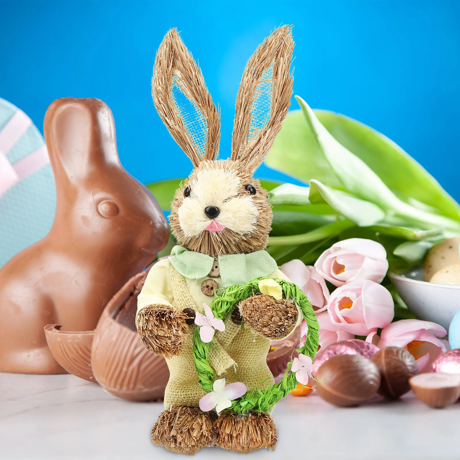 

2Pcs Straw Woven Rabbit Statues Premium Cartoon Bunny Decor for Garden Bonsai Desktop Easter Home Decoration Straw Woven Bunny