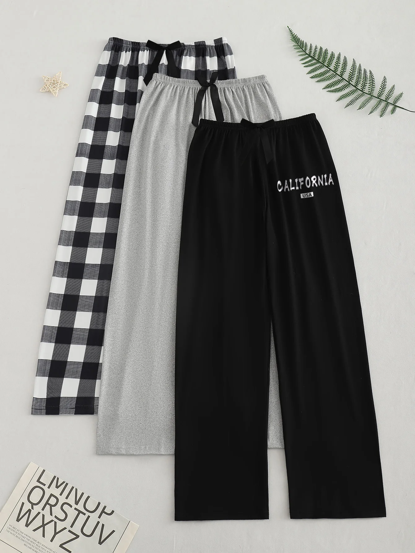 

3Pcs Casual comfort simple pattern print black pants Gray pants plaid pants Three pants women's pajama pants