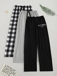 3Pcs Casual comfort simple pattern print black pants Gray pants plaid pants Three pants women's pajama pants