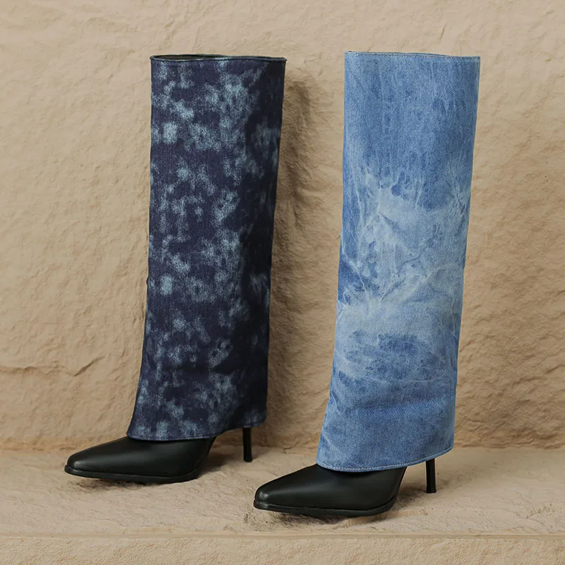 Kcenid Fashion Shoes Woman Autumn Winter Light Blue Women Knee High Boots Pointed Toe Thin High Heels Mixed Colors Long Boots