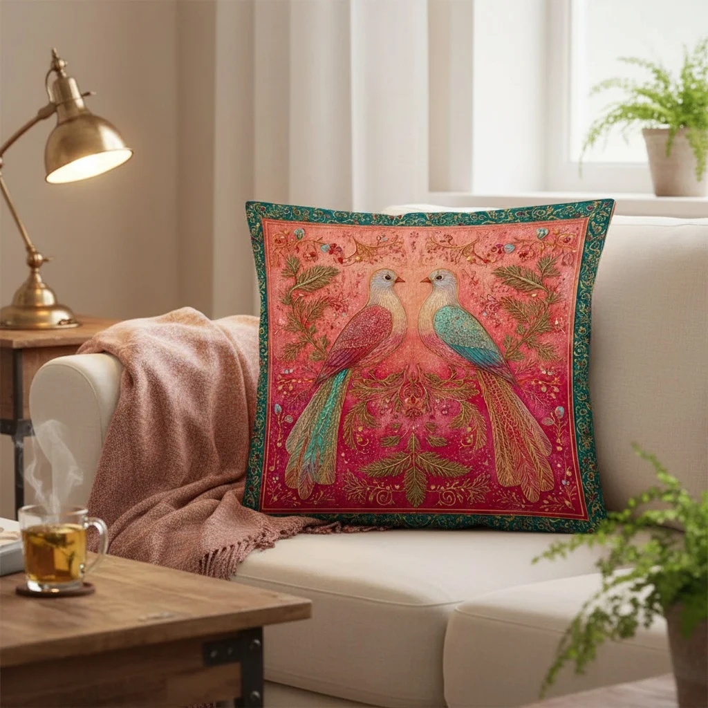 Doppelseitiger Boho-Vögel-Kissenbezug, bunter Folk-Art-Blumendruck, Kissenhülle für Sofa, Wohnzimmer, böhmische ethnische Heimdekoration