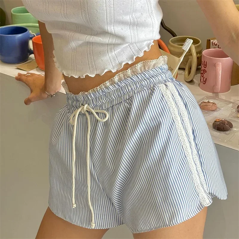 Women Vintage Kawaii Ruffles Lace Trim Shorts Striped Print Casual Drawstring Slim Fits Cottage Y2K Aesthetic Shorts Pants