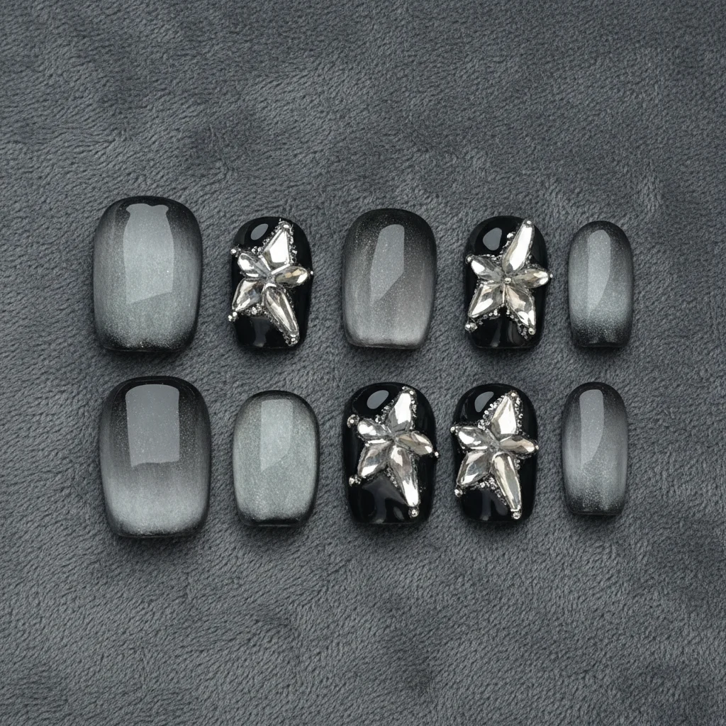 

10 шт. накладных ногтей ручной работы, черные/серые, короткие квадратные, глянцевые, с декором из страз и звезд, для женщин и девушек, в стиле Y2K, для самостоятельного маникюра
