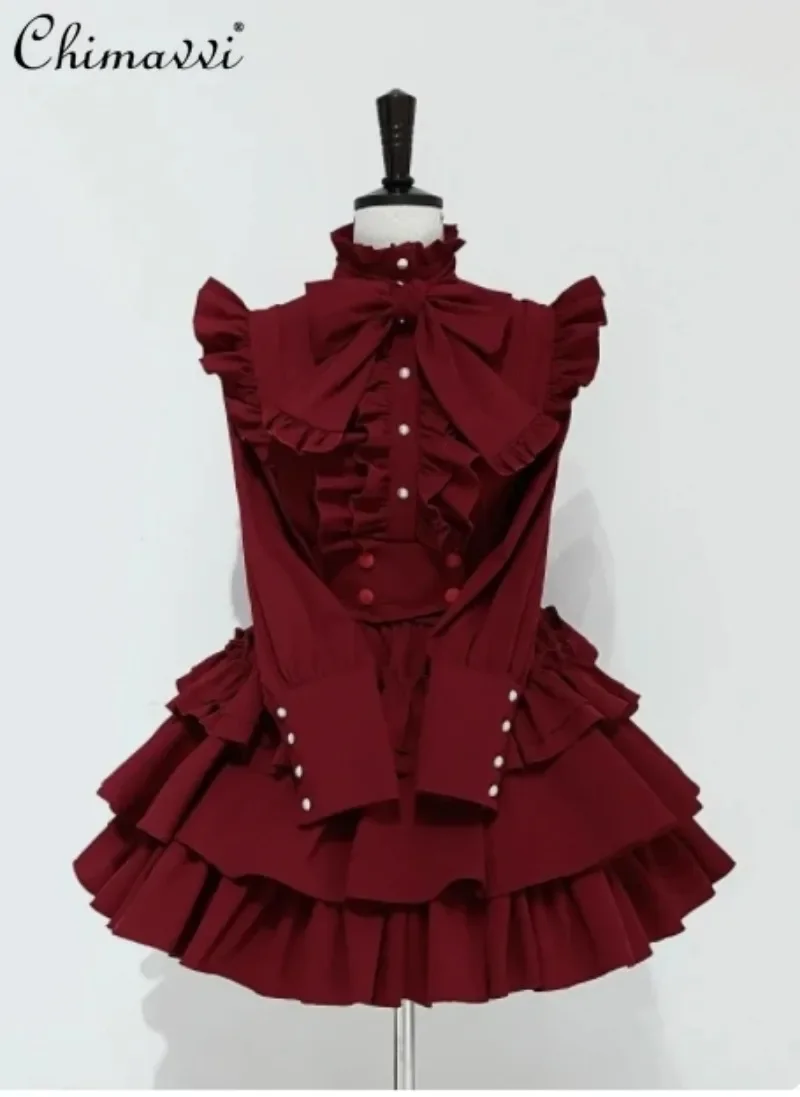 مجموعات تنورة لوليتا 2025 الربيع والخريف جديد القوطية عيد الميلاد ثقافة فرعية فتاة طويلة الأكمام القوس الكبير قميص عالية الخصر Sk كعكة تنورة