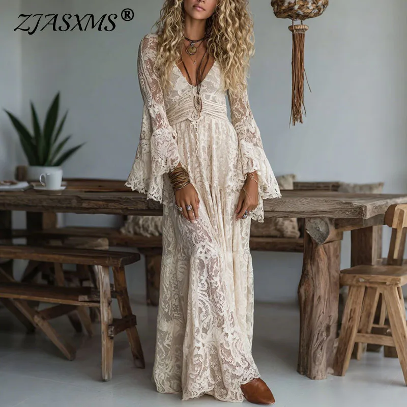 New Deep V Neck Embroidery Lace Woman Dress Spring Hollow Out High Waist Crochet Dresses Autumn Flare Sleeve Jacquard Long Dress