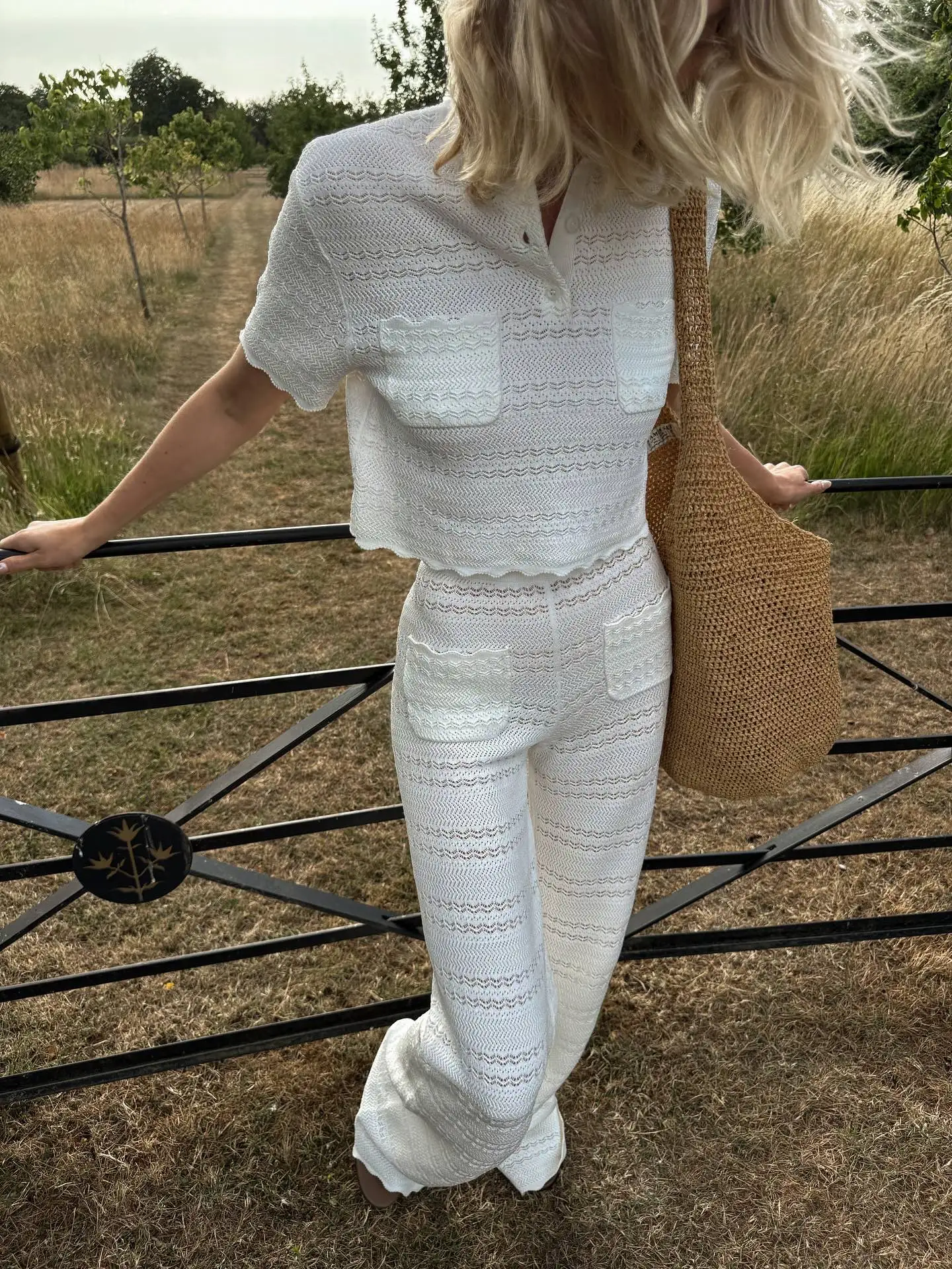 Women Knit Set Hook Flower Round Neck Pockets Short Sleeve Top + High Waist Hollow Out Long Pants