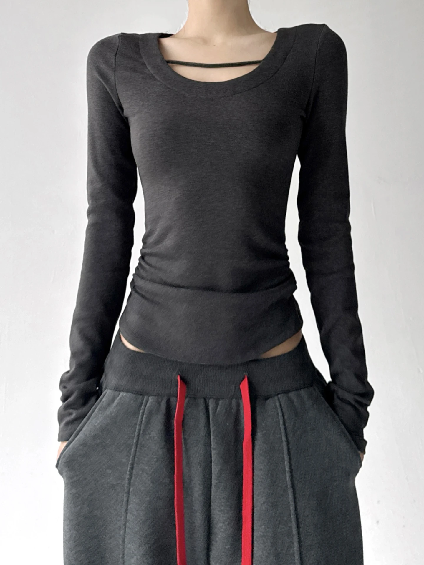 Damen Long Sve Fce Lined U Ne Slim Fit Base irt Korean Sle Faionable Casual Top für Herbst Winter