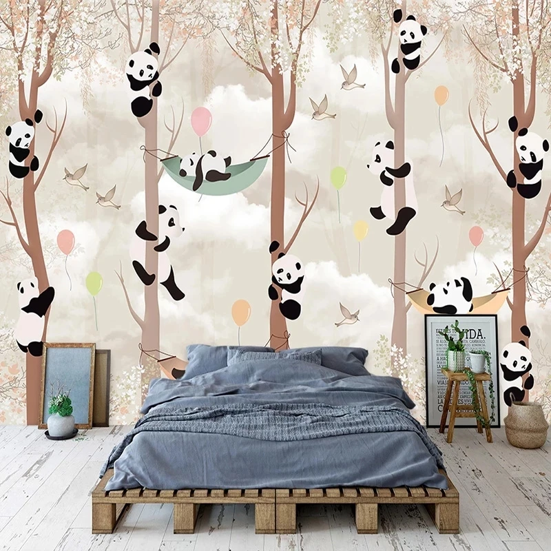 Customized product 3D Abstract Tree Cartoon Panda Bird Living Room Children Room Bedroom Background Mural Wallpaper restaurant