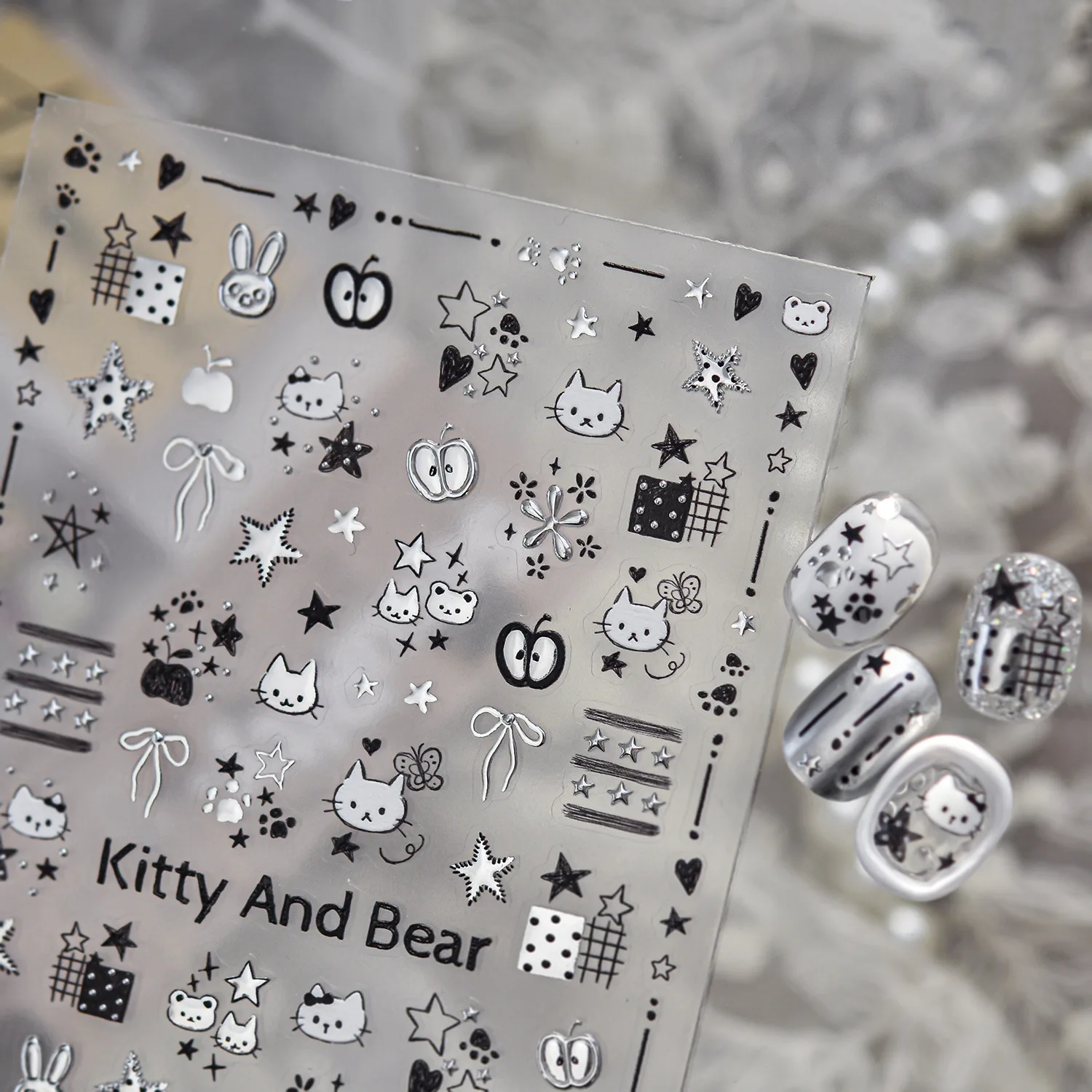 Black White Cute Hand Drawn Cat Dog Rabbit Bear Apple Star High Quality Nail Stickers Art Decorations Nail Decals Design T-6218