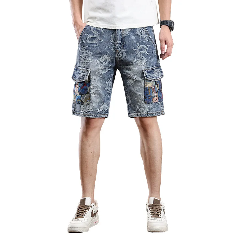 Denim Shorts Men's Summer Loose Straight Trend Embroidered Printed Chinese Fashion Multi-Pocket Street Shorts