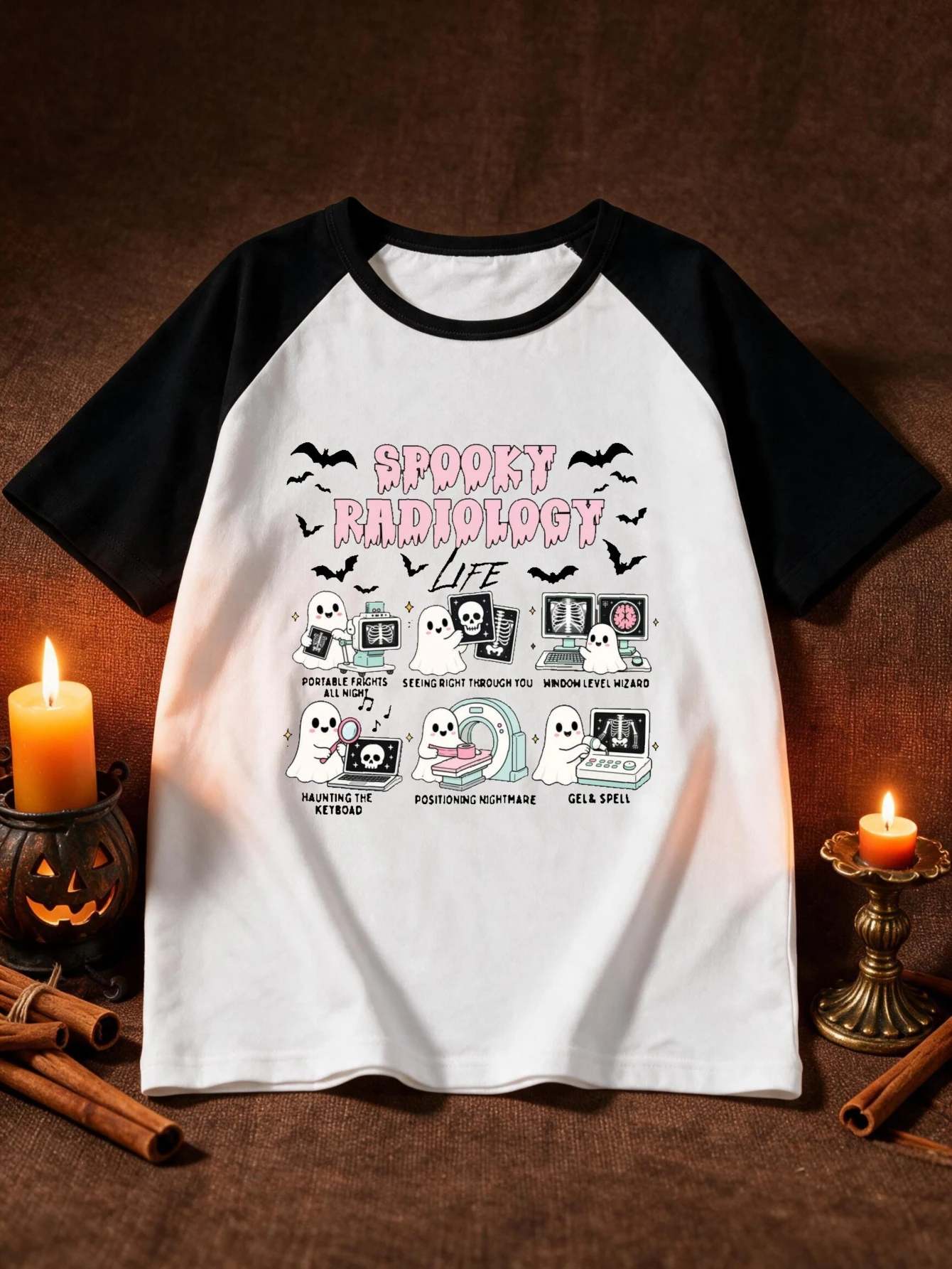 Funny Halloween Theme Women's T-shirt Spooky Radiology Life Ghost Skeleton X-ray Print Round Neck Black White Raglan Tops Female