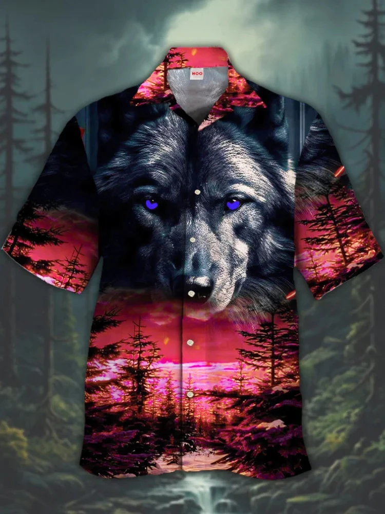 2024 Eye-Catching Ukiyoe Black Lion And Cross 3D Printing Wolf Painting  Short Sleeve Shirts For Men Fashion Hawaiian Shirt