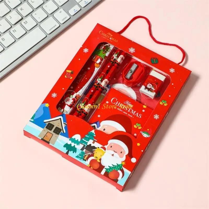 A3PC Christmas Stationery Set for Kid and Student including Christmas Pencil, Eraser, Ruler, Pencil Sharpener, Mini Notes Pad