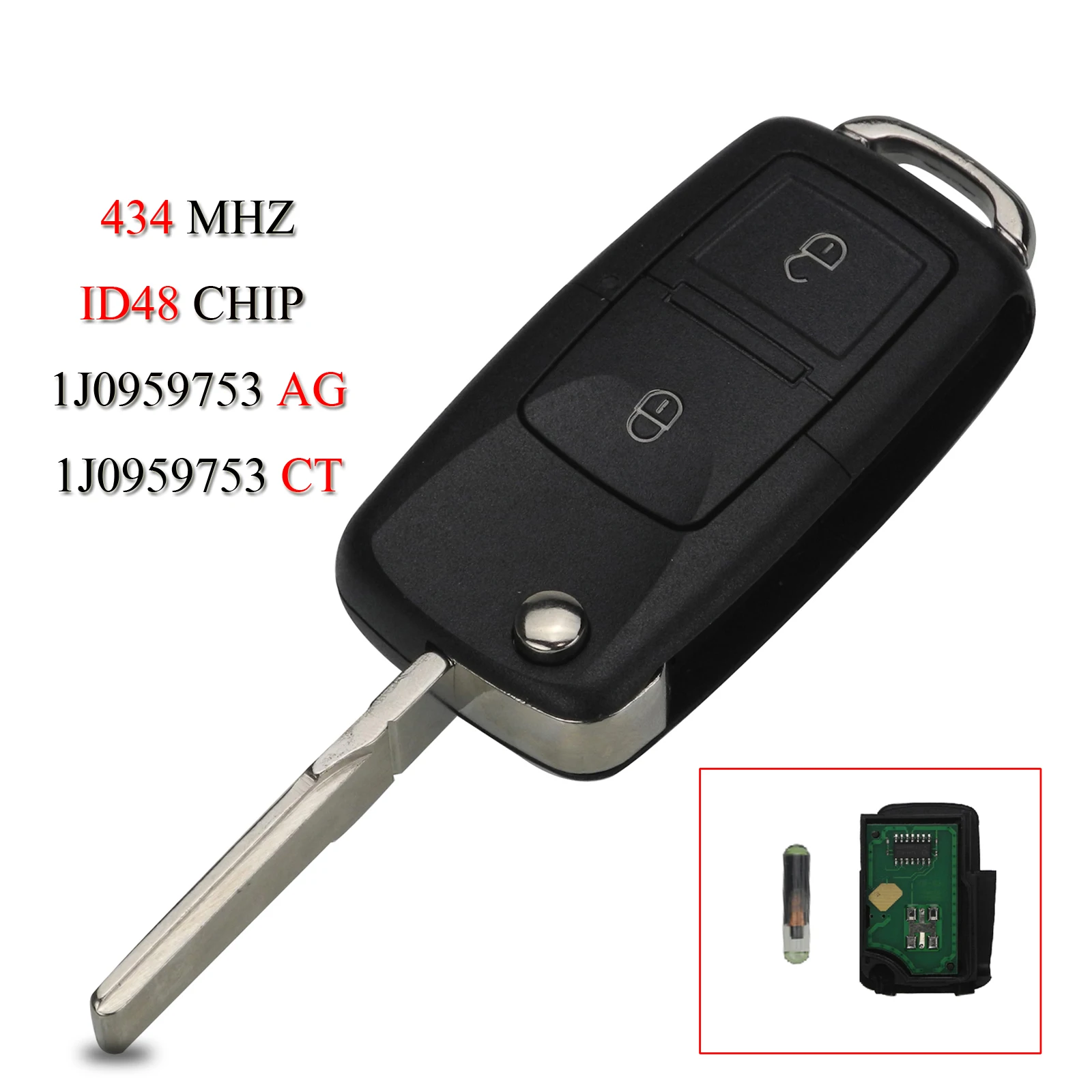 jingyuqin 10PCS/Lot Remote Smart Car Key For VW Seat Skoda Golf Passat Touran 2Buttons 434MHZ ID48 Chip 1J0959753AG/1J0959753CT